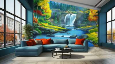 The Waterfall Forest. Fiction Backdrop. Concept Art. Realistic Illustration. Video Game Digital CG Artwork. Nature Scenery.
 Wall mural