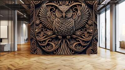 Woodcut bas relief of the owl of the illuminati, intricate details, ornate symbols, arabesque carvings. Book Illustration. Video Game Characters. Serious Digital Painting. CG Artwork Background.
 Wall mural