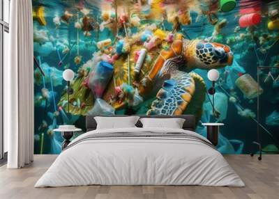 Turtle swimming in blue water with fish and underwater light, nature illustration design Wall mural