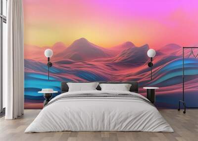 Holographic neon mountain desert line art print. Abstract mountain contemporary aesthetic backgrounds landscapes. Abstract nature, sky and mountain landscape. Generative AI. High quality illustration. Wall mural