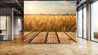 Rustic wooden table against a sunset wheat field backdrop, featuring copy space. Perfect for organic product promotions, countryside event marketing, and seasonal advertising. High quality Wall mural