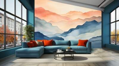 Watercolor abstract landscape with a mountain range in the background and a river in the foreground. Wall mural