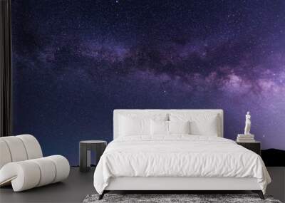 A silhouette stands on in the hill and looks at the Milky Way galaxy. Wall mural