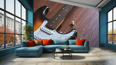 Electric guitar, headphones on the wooden background, Wall mural