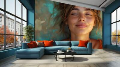 Cheerful red haired girl  with closed eyes, freckles, perfect skin and piercing in nose enjoying the moment on colourful background. Selective focus. Natural woman beauty concept  Wall mural