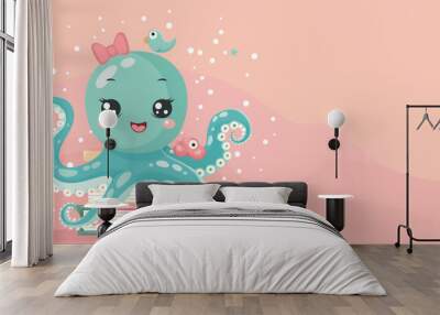 Funny illustration of blue smiling baby girl Octopus with gibbon sitting on books on pink background. School time concept. Banner with copy space for text. Suitable for wallpaper, print, poster  Wall mural