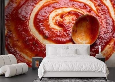 Cooking pizza, tomatoe sauce on raw dough. Homemade sourdoguh pizza dough, top view Wall mural