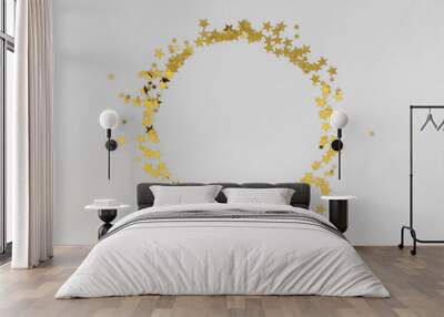 Golden glitter frame circle, confetti stars isolated on white background. Christmas, party or birthday background. Wall mural