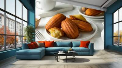 Madeleine cakes, french pastry. Served with cup of tea and honey. Breakfast. Wall mural