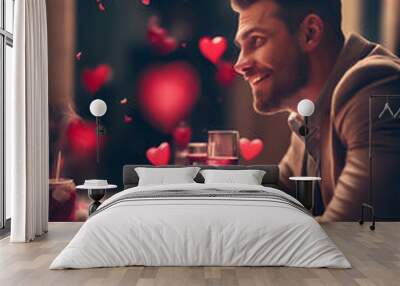 man drinking wine in bar, happy man on a date on Valentine's Day,  Wall mural