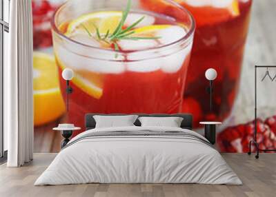 Red wine cranberry citrus pomegranate sangria. Top view, rustic wooden background. Wall mural