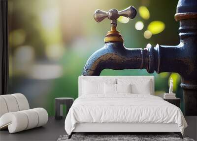 Water tap in the garden. Increasing the price of water, save the planet, save water.  Wall mural