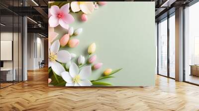 Beautiful spring flowers on pastel green background with copy space. Wall mural