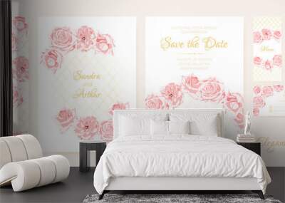 Wedding Cards Set with Delicate Pink Roses. Wall mural