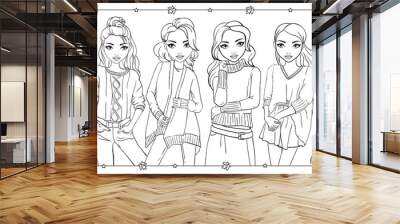 Coloring Book Of Girls In Knitted Sweaters Wall mural