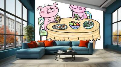 Two funny little pigs sitting at the table drinking coffee and tea. Friends. Vegetables and fruit. Adorable hand drawn cartoon illustration for kids isolated on a white background Wall mural