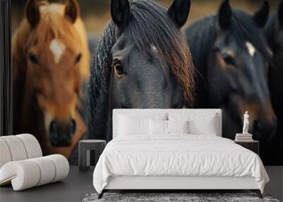 Close-up of the heads of 3 horses in a line against an autumn  background. Wall mural