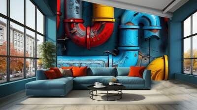 Colorful pop art background pattern of industrial plumbing pipes in red, blue, yellow and silver. Wall mural