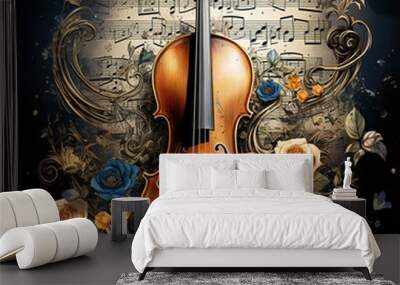 Painting illustration of a violin surrounded by musical notes. Wall mural