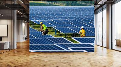 A large photovoltaic farm with rows of solar panels and two workers installing the equipment, focusing on renewable energy development and clean technology, solar power, green energy Wall mural