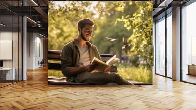 A young man is sitting on a bench in a park, mental health images, photorealistic illustration Wall mural