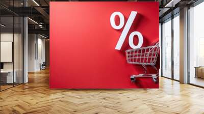 Close up photo of % text made from white shopping carts isolated over red background representing sales and offers, promotional highlight, vibrant backdrop, discount focus Wall mural