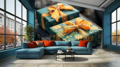 Colorful gifts with ribbons on dark wood backdrop, eid gifts and presents photo Wall mural