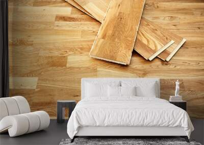 Parquetry, engineered click system oak wood flooring in a freshly renovated room Wall mural