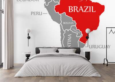 Brazil red highlighted in continent map of South America Wall mural