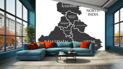 North India region map labelled black illustration Wall mural