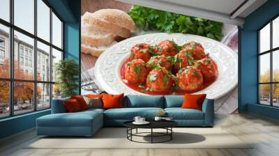 Meatballs with tomato sauce / Delicious homemade chicken or turkey meatballs with rice, vegetable and tomato sauce Wall mural