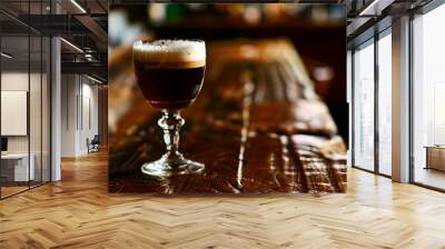 a glass of Irish coffee on a wooden table, empty pub Wall mural