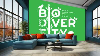 BIODIVERSITY typography design with green color for environment day event . june 5th Wall mural