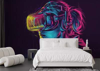 a girl in virtual reality glasses on a dark background. Wall mural