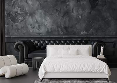 Black leather sofa in classic interior with black wall. Wall mural