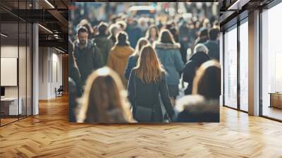 Crowd of people walking in the city. Blurred background. Wall mural