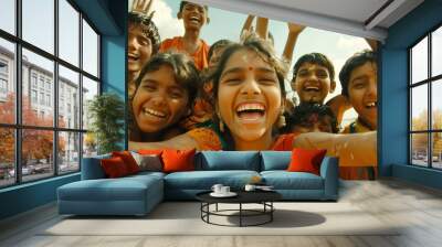 Group of happy indian kids having fun and dancing in the park Wall mural