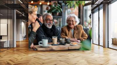 Group of senior friends having a coffee together in a cafe. Cheerful senior men and women sitting at a table in a cafe. Wall mural