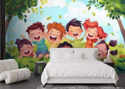 Happy children laughing and playing in the garden. Vector cartoon illustration. Wall mural