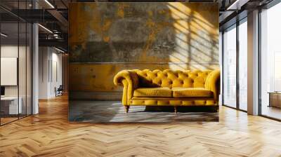 Luxury yellow sofa in vintage interior with window and shadows. Wall mural