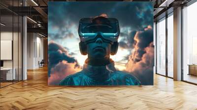 Man in virtual reality helmet and goggles. Wall mural