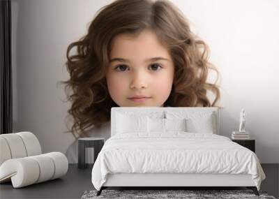 Portrait of a cute little girl with curly hair on a white background Wall mural