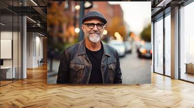 Portrait of a senior man wearing a cap and leather jacket in a city Wall mural