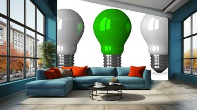 Green tungsten light bulb and two white ones, front view Wall mural