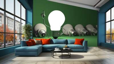 Light bulb character, aha moment  on green Wall mural