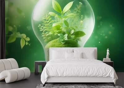 An image of light bulb and green leaves concept of renewable energy and saving electricity bill Wall mural