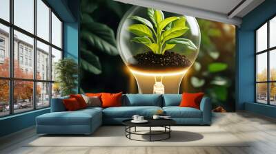 Eco-friendly and environment concept a glowing light bulb with green plant inside in the forest Wall mural