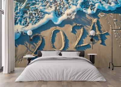 2024 written in the sand on a summer beach. 2024 summer vacation Wall mural