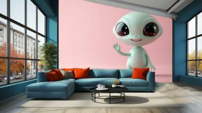 A 3d cartoon character of a friendly alien waving to the camera. 3D render style Wall mural