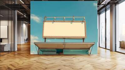 a blank empty sign above a street food truck against a blue summer sky Wall mural